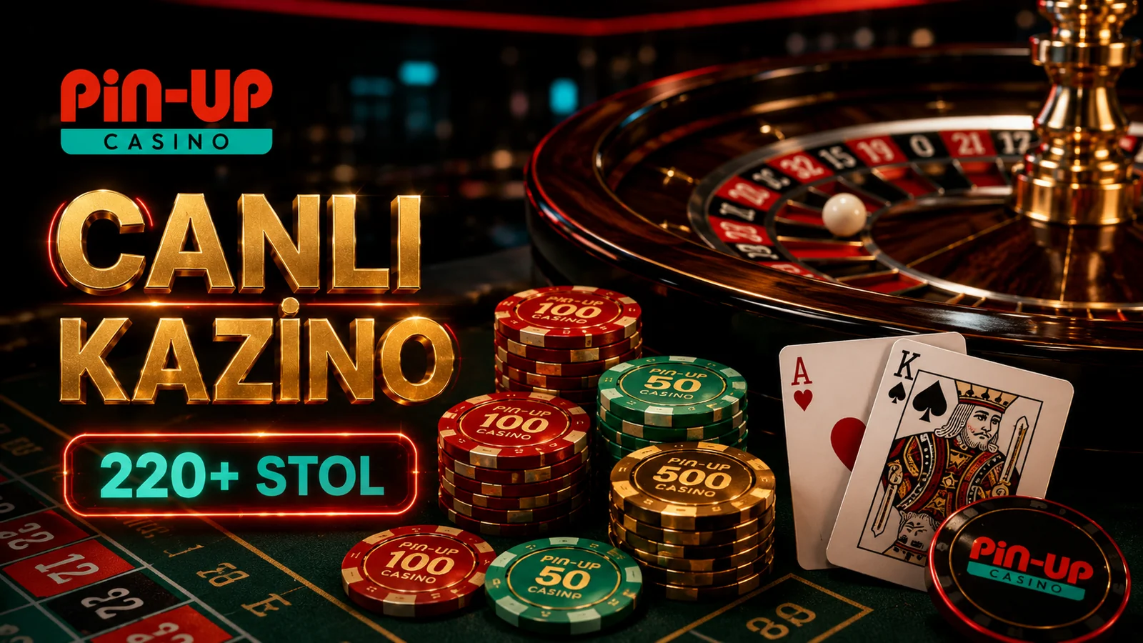 Pin-Up canlı kazino — yaşıl rulet stolu, oyun kartları və qırmızı, qızıl jetonlar