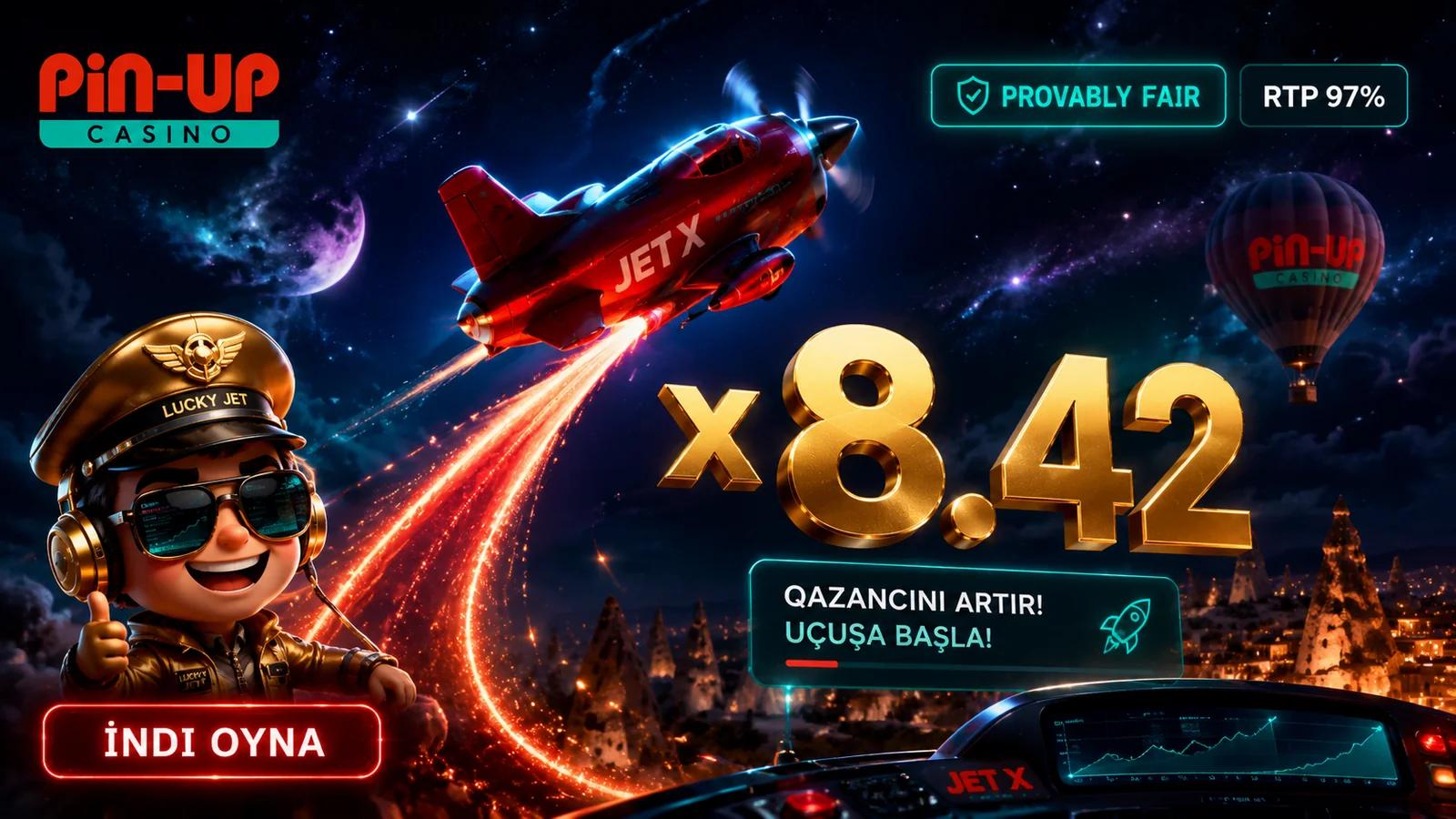 Pin-Up crash oyunları — raket trayektoriyası, ×8.42 cashout və JetX/LuckyJet/Cappadocia başlıqları