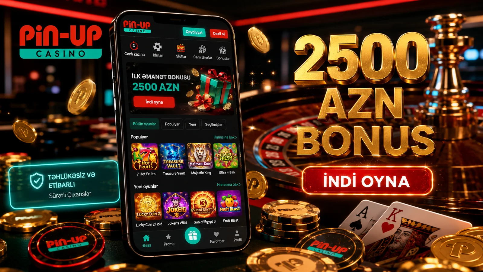 Pin-Up Casino Azərbaycan ana səhifə kollajı — qırmızı oyun kartları, qızıl ulduz və yaşıl tac