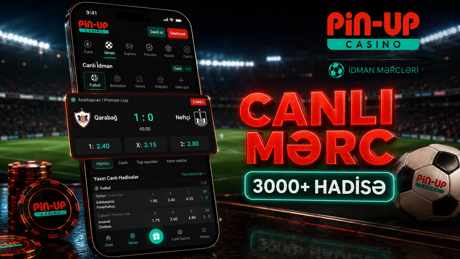 Pin-Up idman mərcləri — futbol meydançası və canlı mərc kuponu