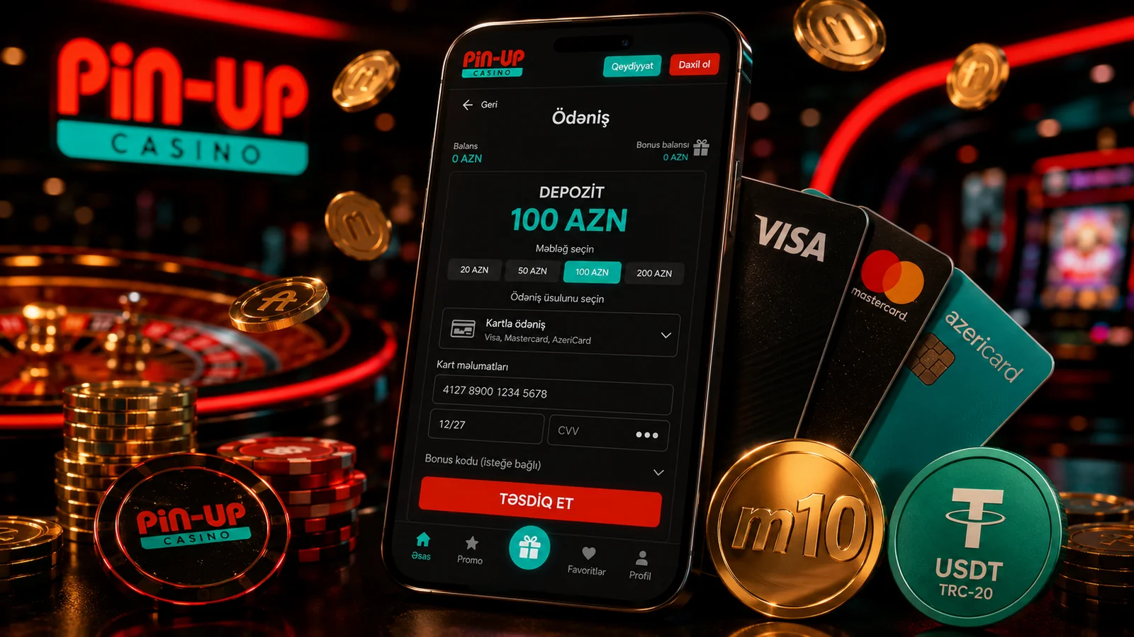 Pin-Up ödəniş üsulları — VISA kart, m10 cüzdan, USDT və depozit forması